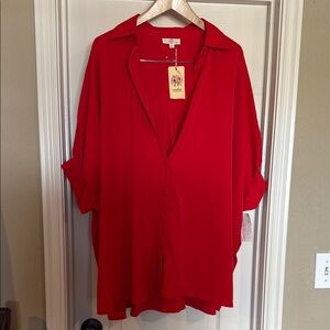 Bold Red Relaxed 3/4 Sleeve Button Down